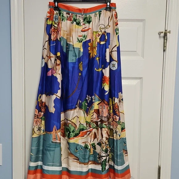 ANTONIO MELANI Evie Cotton A-line Maxi Skirt: Ocean Print: Size-6 - Picture 4 of 16